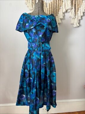 Vintage Teal Blue Floral Belted Fit-and-Flare Dress